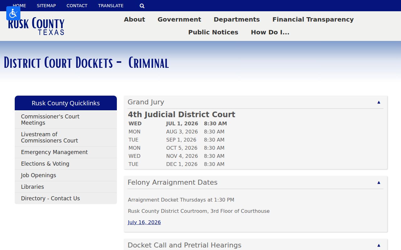 Rusk County criminal docket felony arraignment schedule