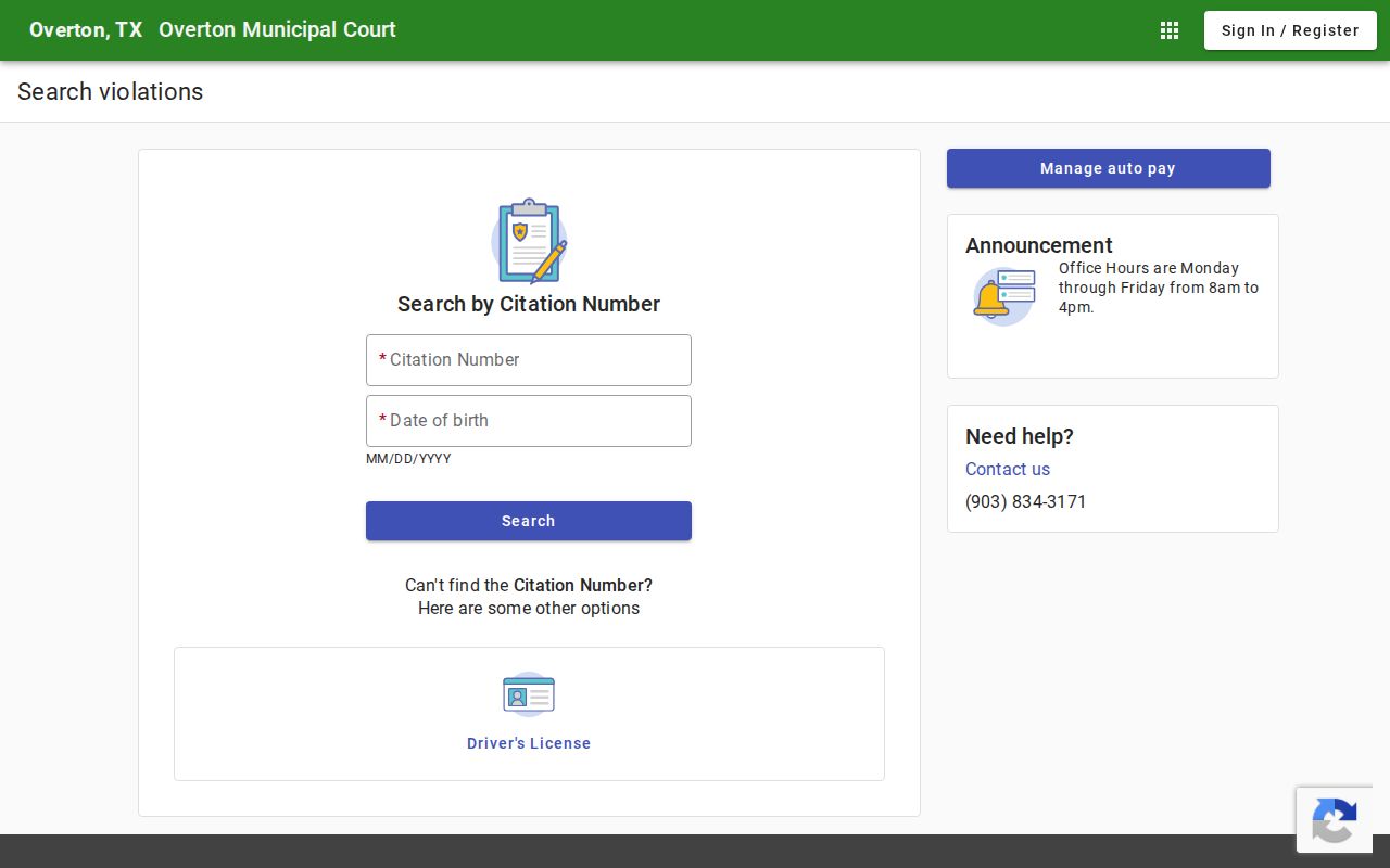 Overton court docket citation and identity search fields